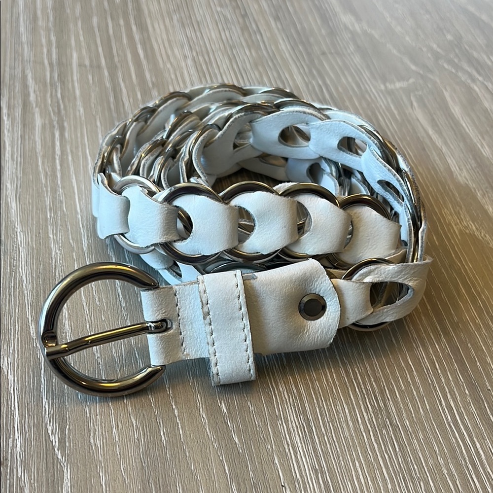 Ansaldo Imports White Italian Leather Belt silver hardware